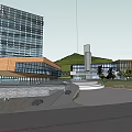 Scenic Modern Commercial Complex With Contemporary Architecture Water Feature Greenery And Open Plaza