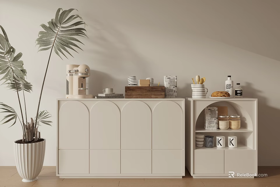 Modern White Entryway Cabinet and Side Cabinet with Arched Details and Decorative Plant 3d model 