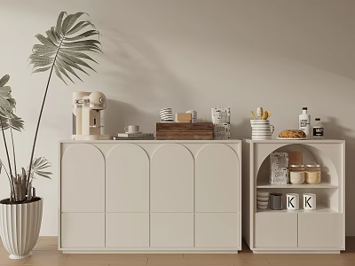 Modern White Entryway Cabinet and Side Cabinet with Arched Details and Decorative Plant 3d model