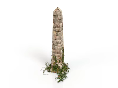Ancient Brick Obelisk Structure With Green Plants Growing At The Base 3d model
