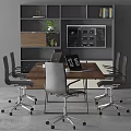 Contemporary Office Desk Setup With Laptop Cup And Two Wheeled Gray Black Chairs
