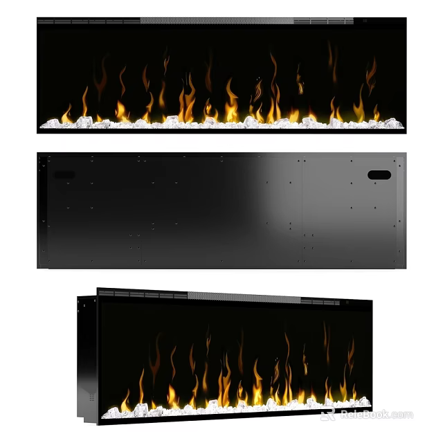 Modern Black Electric Fireplace With Realistic Flame Effect And Decorative Stones 3d model 