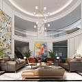 Spacious Duplex Living Room Interior With Large Windows Chandelier And Decorative Artwork