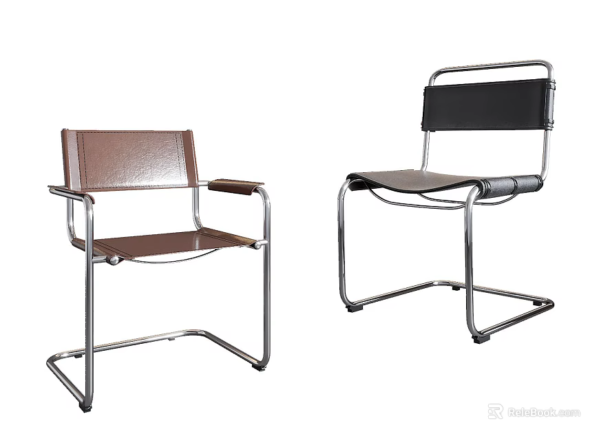 Modern Brown And Black Leather Dining Chairs With Metal Frame 3d model