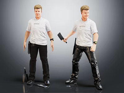 Two Men in White T Shirts and Black Pants Holding a Knife in Different Poses 3d model