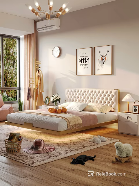 Cozy Bedroom With Tufted Headboard Nightstand Table Lamp Decorative Paintings Wall Clock And Soft Rug 3d model 