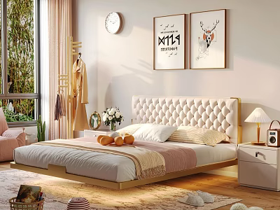 Cozy Bedroom With Tufted Headboard Nightstand Table Lamp Decorative Paintings Wall Clock And Soft Rug 3d model