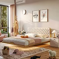Cozy Bedroom With Tufted Headboard Nightstand Table Lamp Decorative Paintings Wall Clock And Soft Rug