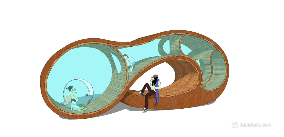 Unique Curved Wooden Playground Equipment With Transparent Blue Sections And Children Playing Inside 3d model 