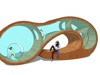 Unique Curved Wooden Playground Equipment With Transparent Blue Sections And Children Playing Inside 3d model