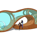 Unique Curved Wooden Playground Equipment With Transparent Blue Sections And Children Playing Inside