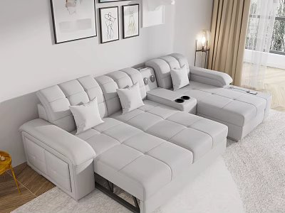 Modern Living Room With L Shaped Grey Multi Person Sofa And White Pillows 3d model