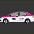 Pink And White CMAX Taxi With Driver In Front Seat On Gray Background