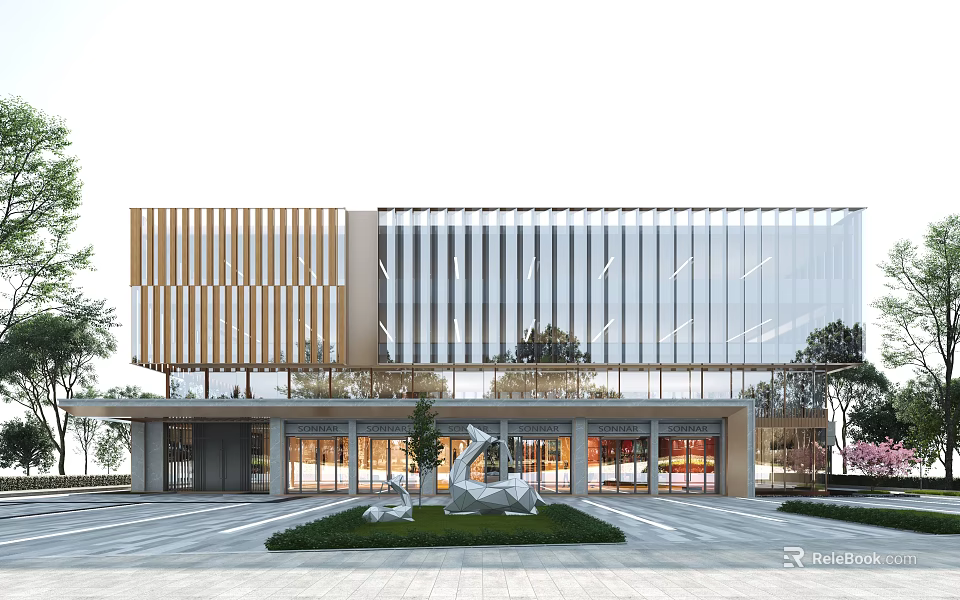 Modern Office Building With Glass Curtain Wall Metal Cladding Entrance Sculpture And Greenery 3d model 