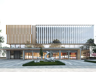 Modern Office Building With Glass Curtain Wall Metal Cladding Entrance Sculpture And Greenery 3d model