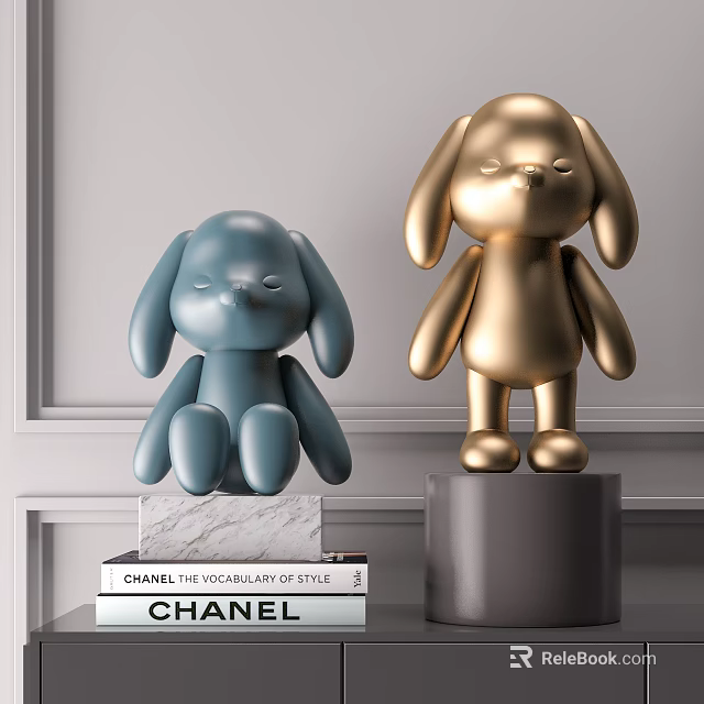 Stylish Decorative Ornament Set Puppy Shaped Figurines Blue And Gold On Pedestals Modern Design 3d model 