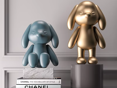 Stylish Decorative Ornament Set Puppy Shaped Figurines Blue And Gold On Pedestals Modern Design 3d model