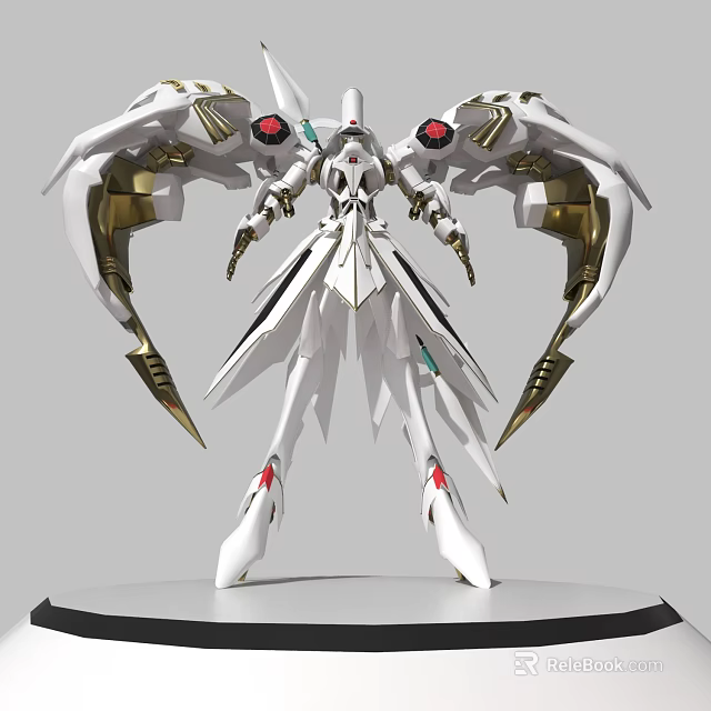 White Mechanical Humanoid Figure With Large Wings Golden Red Details On White Base 3d model 