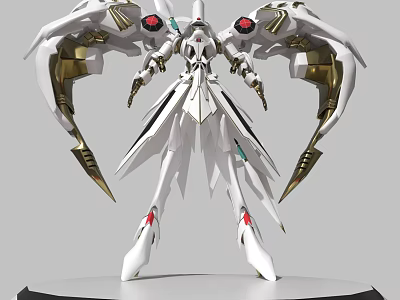 White Mechanical Humanoid Figure With Large Wings Golden Red Details On White Base 3d model