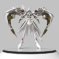 White Mechanical Humanoid Figure With Large Wings Golden Red Details On White Base