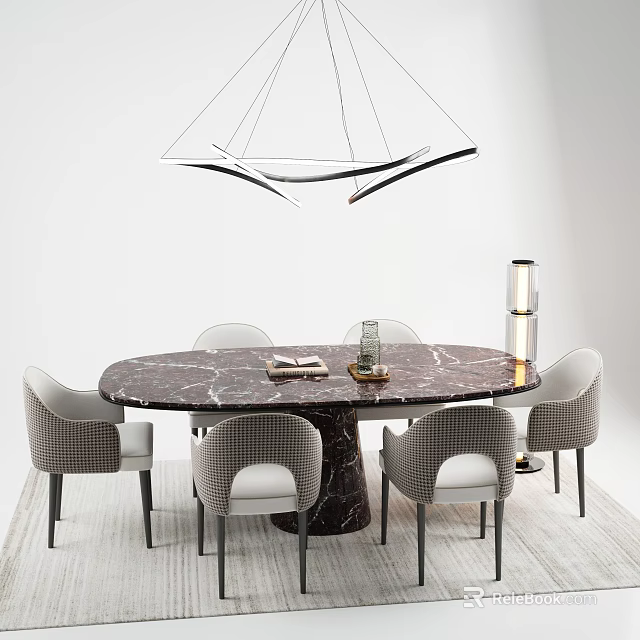 Elegant Round Marble Dining Table With Checkered Upholstered Chairs And Modern Pendant Light 3d model 