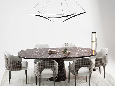 Elegant Round Marble Dining Table With Checkered Upholstered Chairs And Modern Pendant Light 3d model