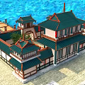 Ancient Chinese Architecture Featuring Multi Tiered Green Roofs Stone Foundation Wooden Bridge And Boat