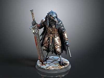 Raven Headed Warrior 3D Figurine With Detailed Armor Large Sword Dagger And Cracked Base 3d model