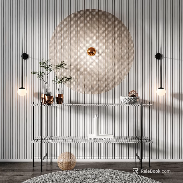 Stylish Console Table with Circular Mesh Decoration Vertical Striped Wall Plants Vases and Pendant Lights 3d model 