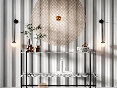 Stylish Console Table with Circular Mesh Decoration Vertical Striped Wall Plants Vases and Pendant Lights 3d model
