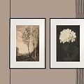 Abstract Landscape and Floral Paintings in Black Frames on Beige Wall with Striped Accent