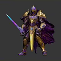 Fantasy Warrior In Ornate Gold And Purple Armor Holding Colorful Sword With Cloak