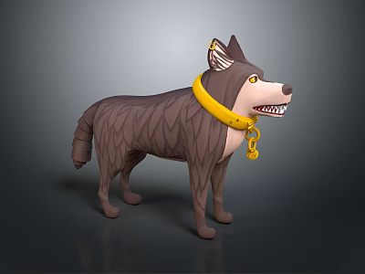 Cartoon Style 3D Wolf Model With Brown Fur Yellow Collar And Golden Chain 3d model