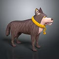Cartoon Style 3D Wolf Model With Brown Fur Yellow Collar And Golden Chain