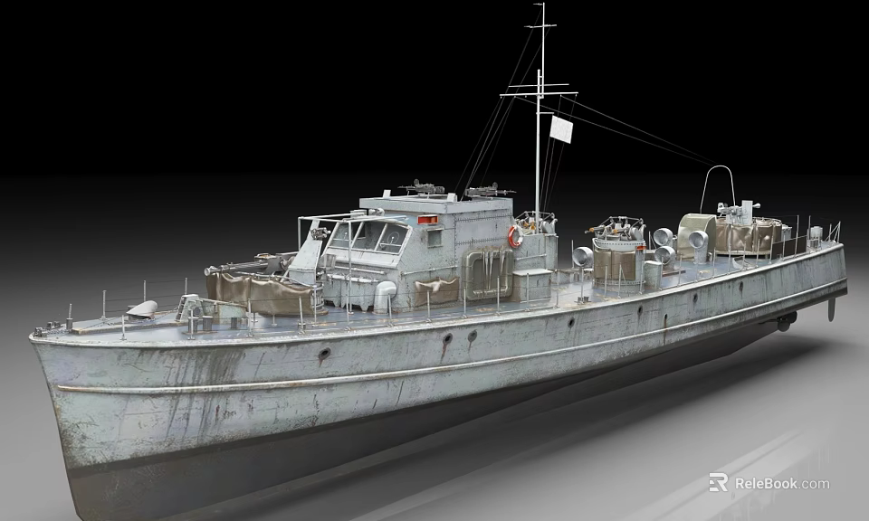 Vintage Rusty Warship Model With Gray Hull Mast Flag And Deck Equipment 3d model 
