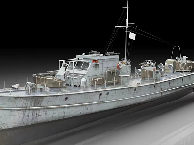 Vintage Rusty Warship Model With Gray Hull Mast Flag And Deck Equipment 3d model
