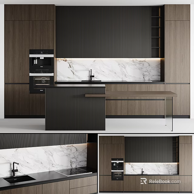 Modern Kitchen Interior With Dark Wooden Cabinets Marble Countertop And Island Design 3d model 