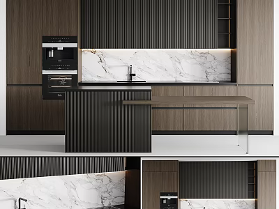 Modern Kitchen Interior With Dark Wooden Cabinets Marble Countertop And Island Design 3d model