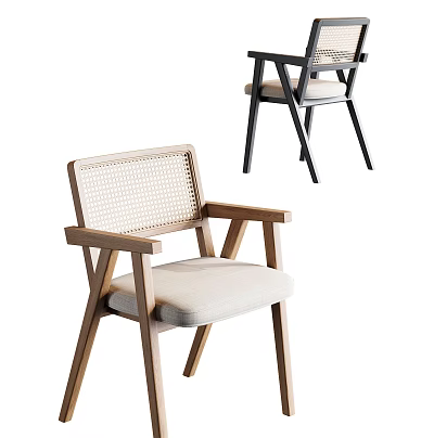 Light and Dark Wooden Frame Dining Chairs with Woven Backrest and Comfortable Seat Cushion 3d model