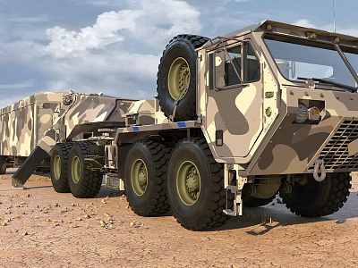 Military Camouflage Utility Vehicle with Multiple Large Wheels Heavy Duty Trailer Section Desert Terrain 3d model
