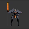 Mechanical Robot Character Holding Flaming Torch With Glowing Orange Accents And Armored Exoskeleton Design