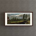 Framed Landscape Painting Featuring Green Grassland Cows Lake Sky With Clouds And Distant Building