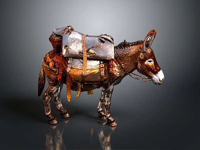 Detailed Artistic Donkey Sculpture With Saddle And Pack On Gray Background 3d model