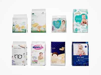 Assorted Baby Diapers Collection With Various Brand Packaging And Infant 3d model
