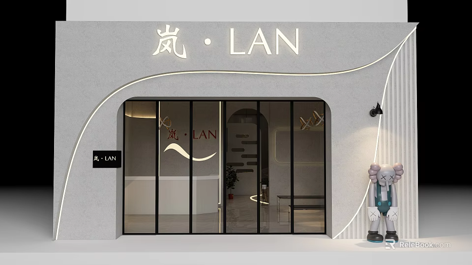Modern Minimalist Storefront Design With Curved Gray Wall Glass Door And Sculpture Lighting 3d model 