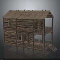 Traditional Two Story Wooden House With Thatched Roof And Balcony Staircase