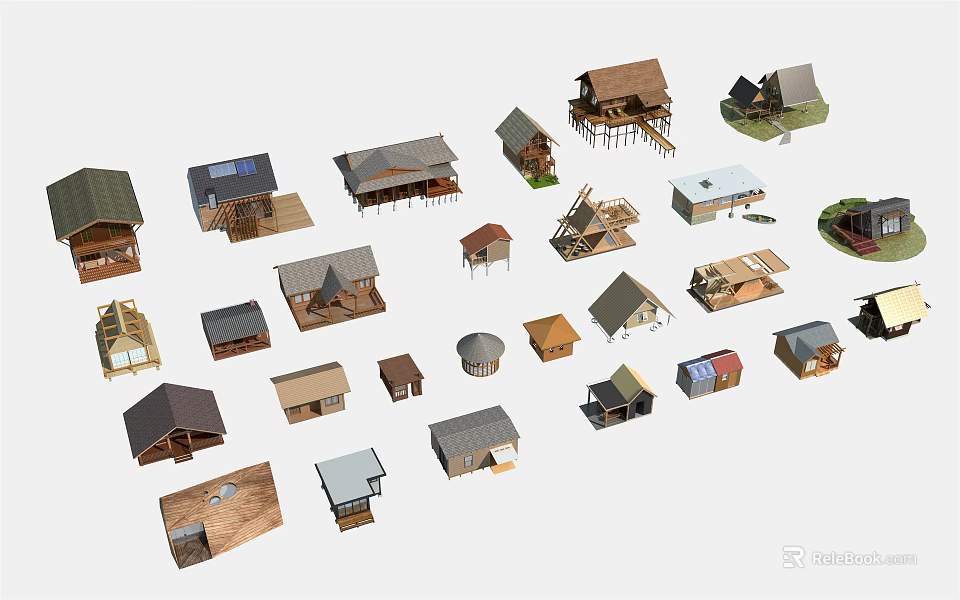 Collection of Various Wooden House Models With Different Roof and Structure Designs 3d model 
