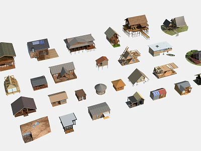 Collection of Various Wooden House Models With Different Roof and Structure Designs 3d model