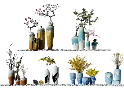 Decorative Vases with Flowers and Branches in Various Colors and Designs for Home Decoration 3d model
