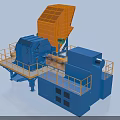 Industrial Crushing Equipment with Orange Hopper and Blue Machinery on Steel Platform
